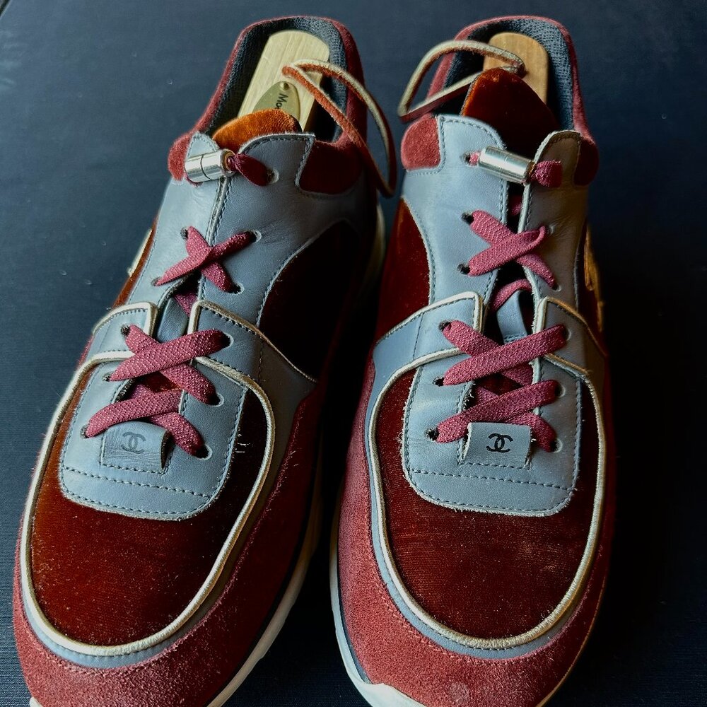 Chanel Unisex Crimson Red Leather & Suede  Sneakers  Size 41